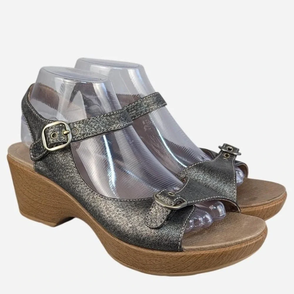 Dansko Joanie Pewter Metallic Leather Platform Sandals Size 9.5-10